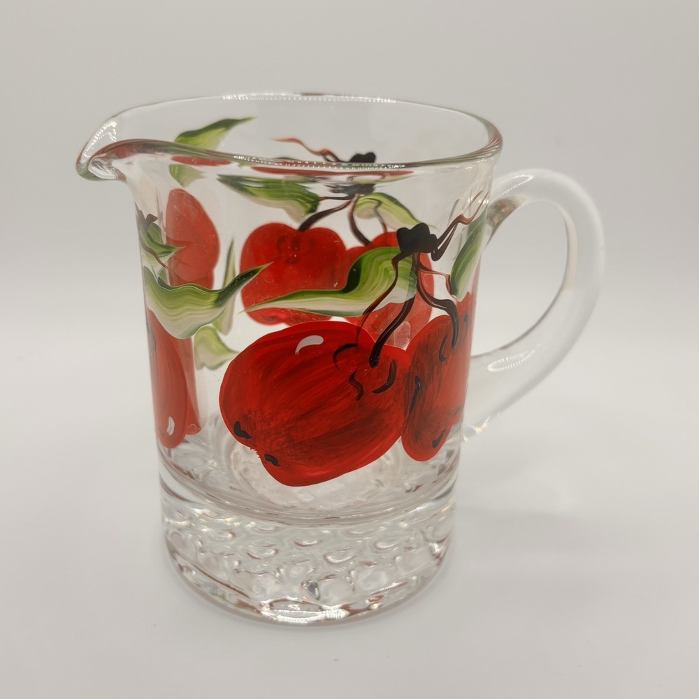 Vintage Hand Painted Glass Creamer Pitcher, Red Cherries Cottage Core 4" EUC